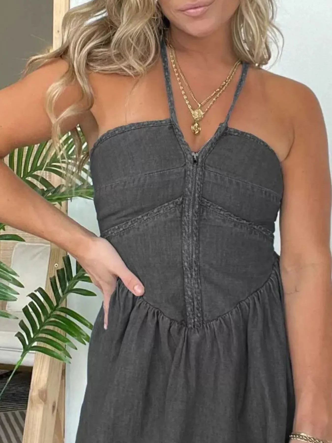Full Size Denim Halter Neck Mini Dress Plus Size by Trendsi