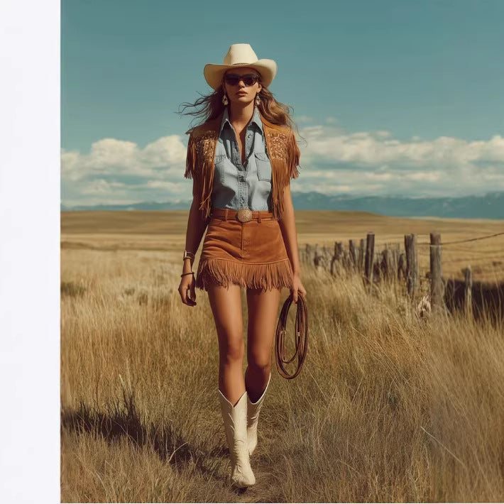 Western Retro Bohemian Style Faux Suede Fringe Skirt by Royal Closet
