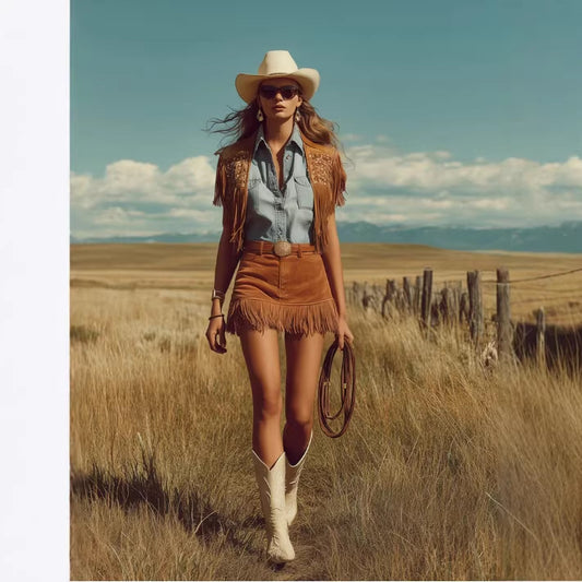 Western Retro Bohemian Style Faux Suede Fringe Skirt by Royal Closet