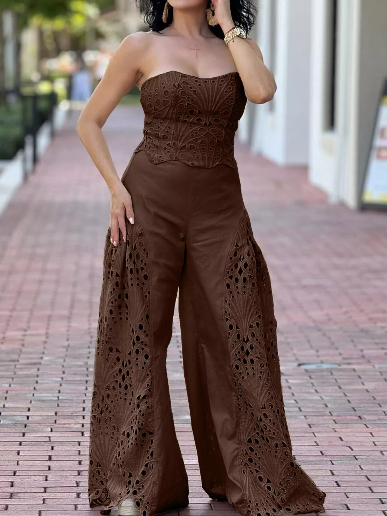 Hollow-Out Tube Top and Pants Two-Piece Set by Trendsi