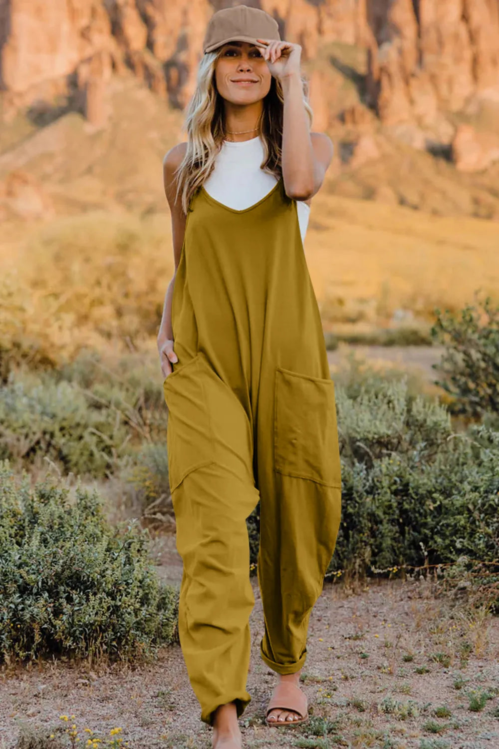 Double Take Full Size V-Neck Sleeveless Jumpsuit with Pockets by Trendsi