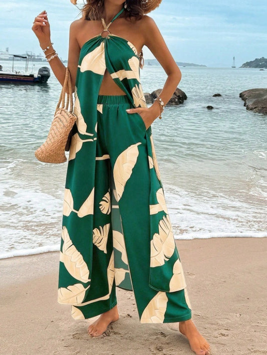 Fashionable Resort-Style Printed Halterneck Slit Jumpsuit With Wide-Leg Pants by Royal Closet