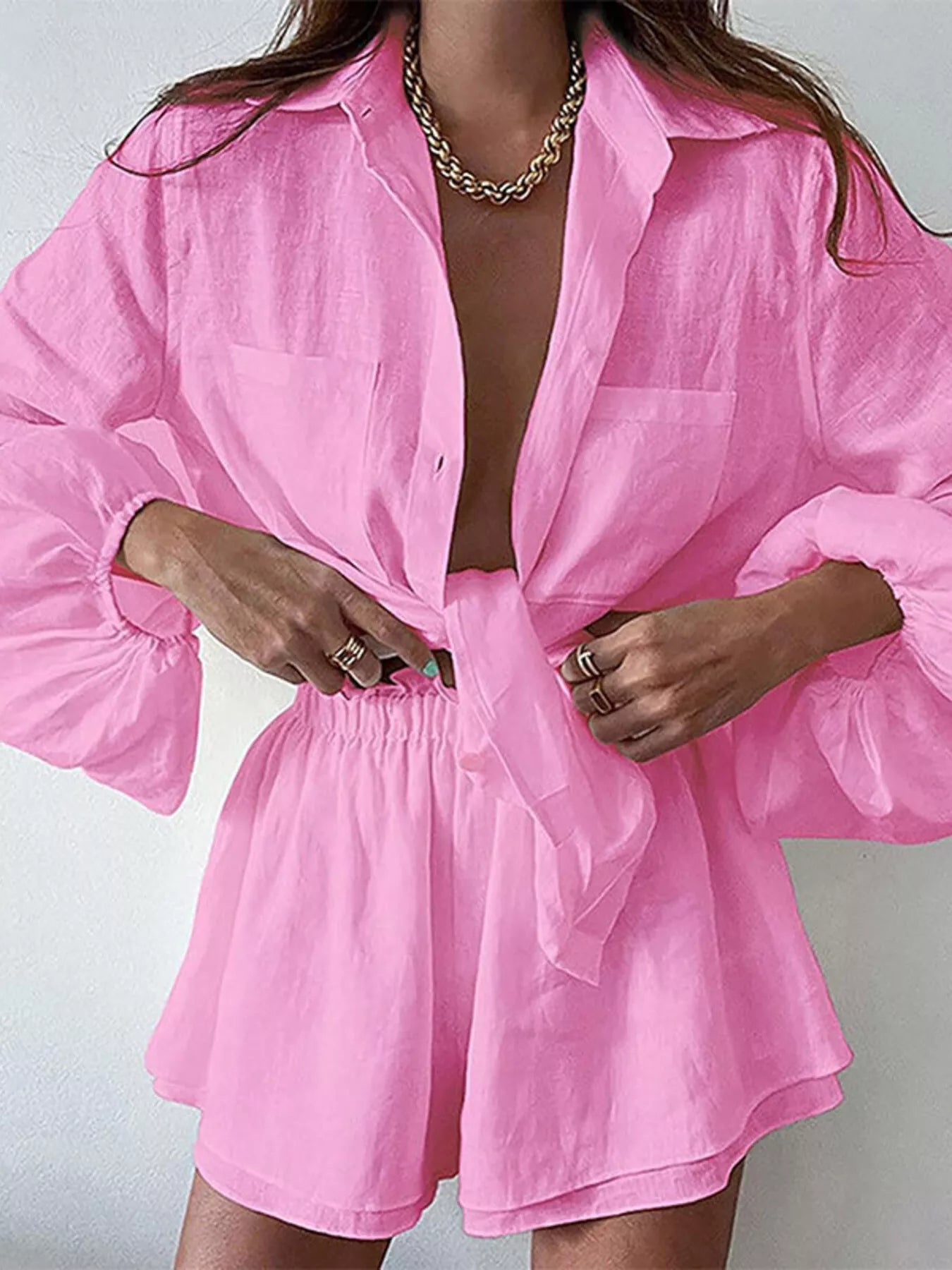 Button Up Long Sleeve Shirt and Shorts Set by Trendsi