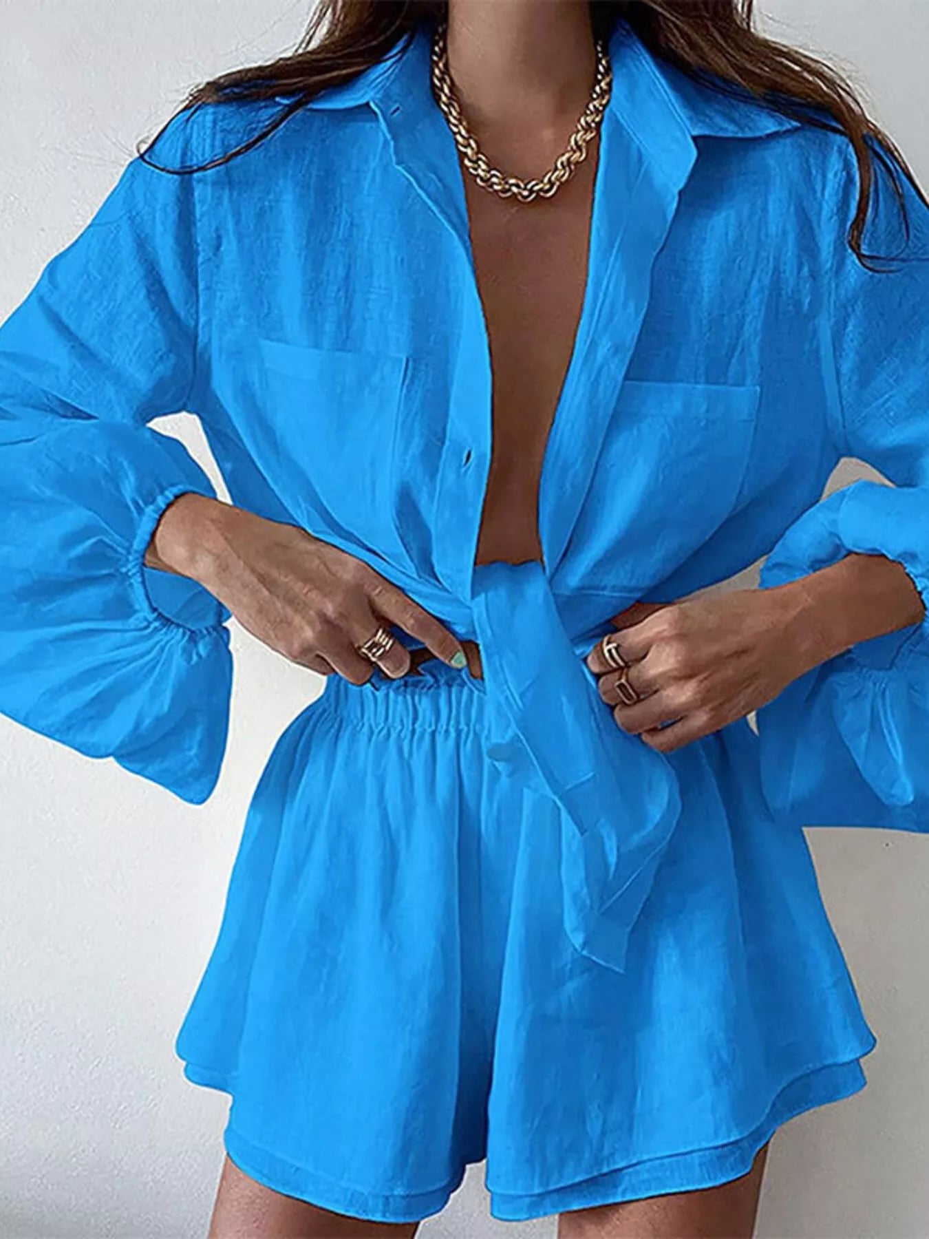 Button Up Long Sleeve Shirt and Shorts Set by Trendsi