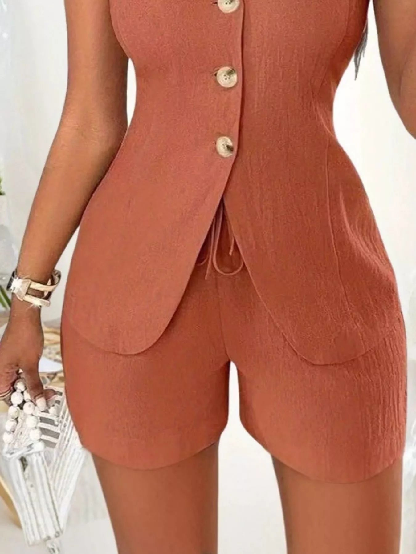 Sleeveless Button-Down Vest & Shorts Set by Trendsi
