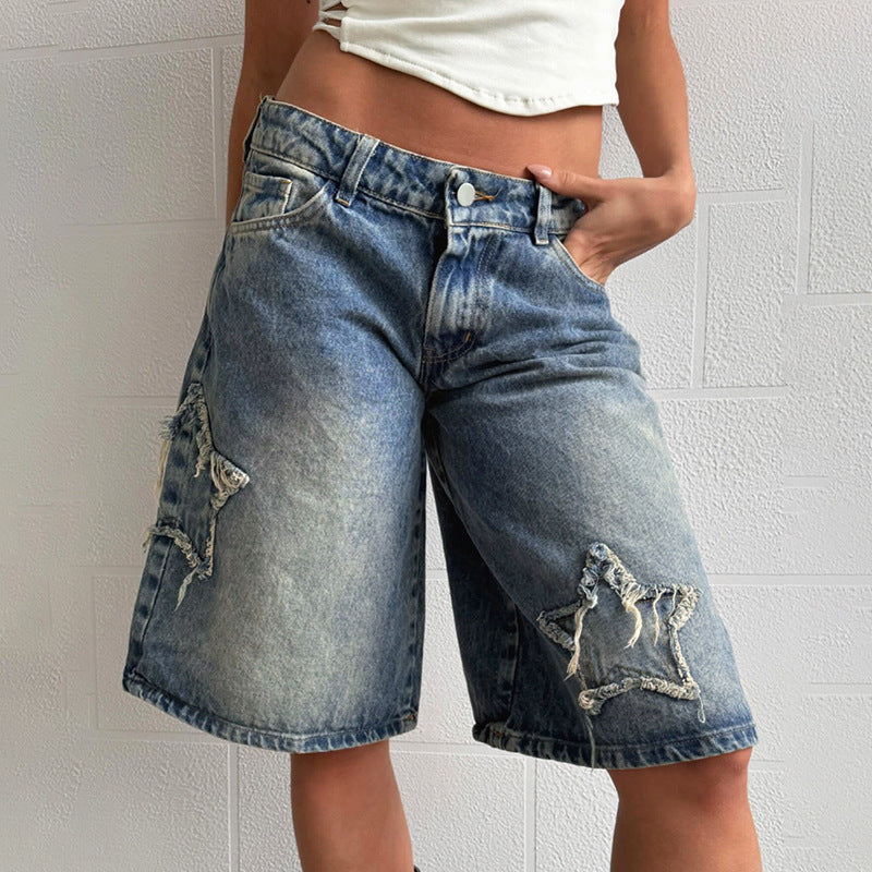 Women's Casual Denim Cropped Pants With Star Patches by Royal Closet
