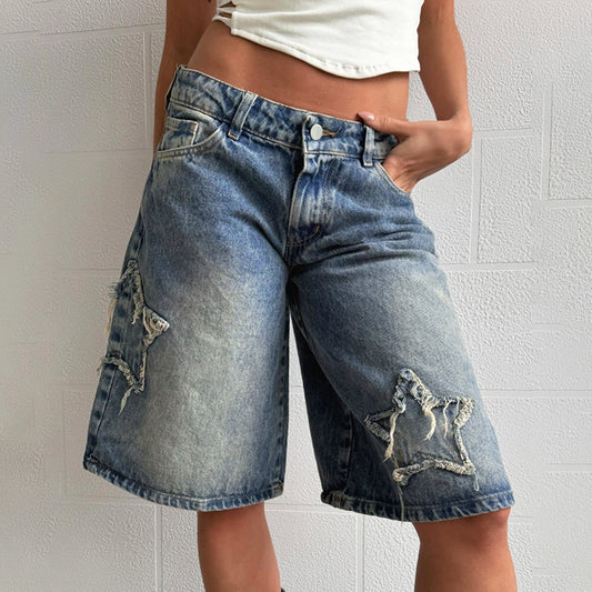 Women's Casual Denim Cropped Pants With Star Patches by Royal Closet