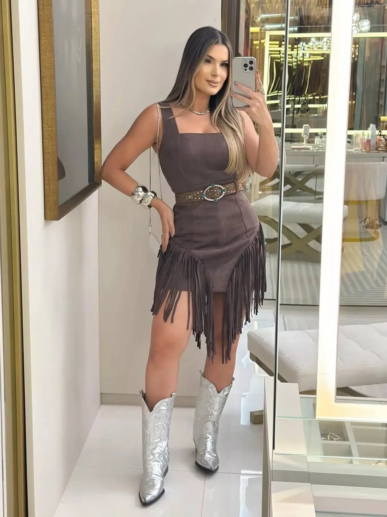 Sleeveless Fringed Mini Dress by Trendsi
