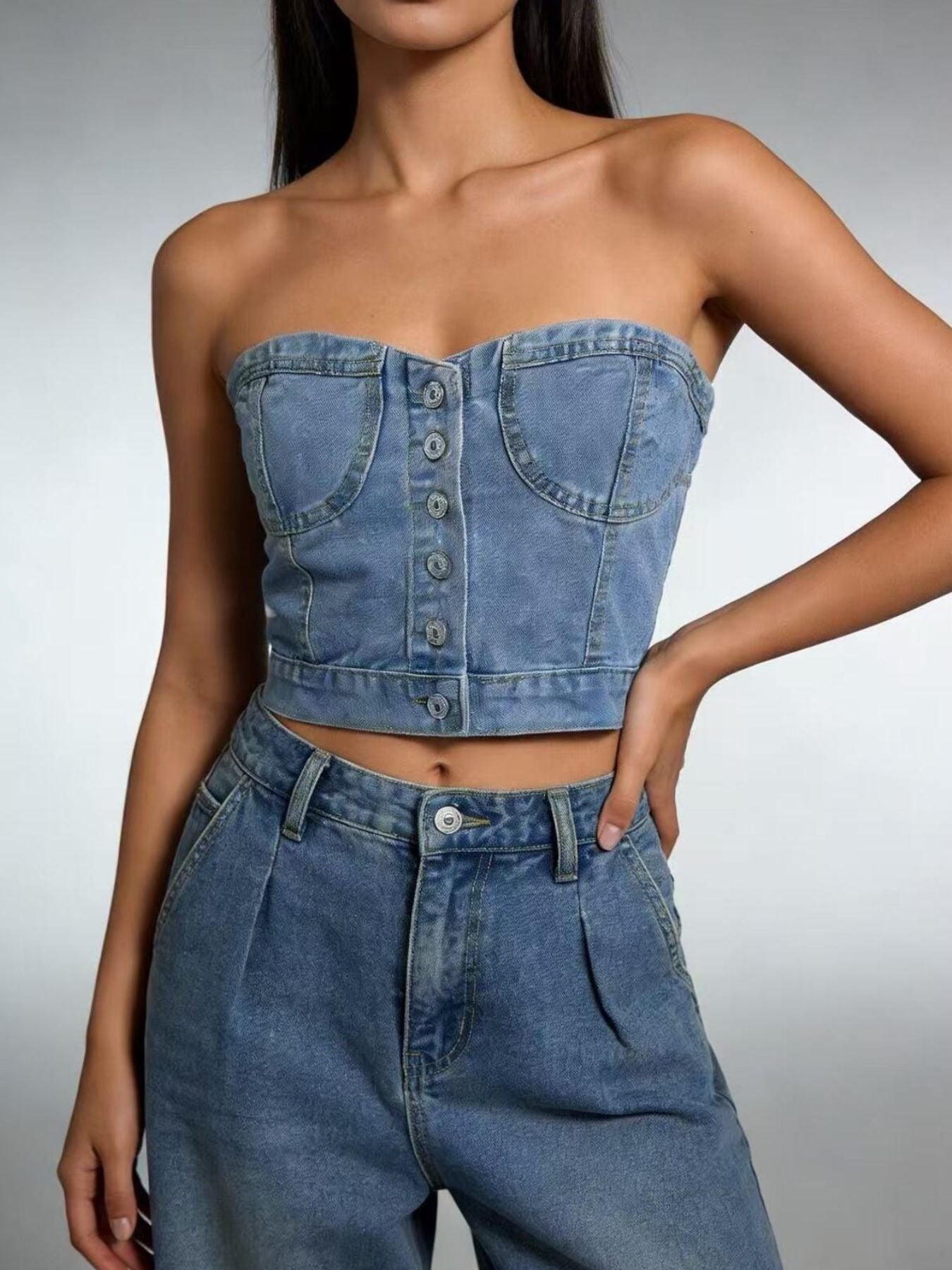 Button-Front Denim Tube Top by Trendsi