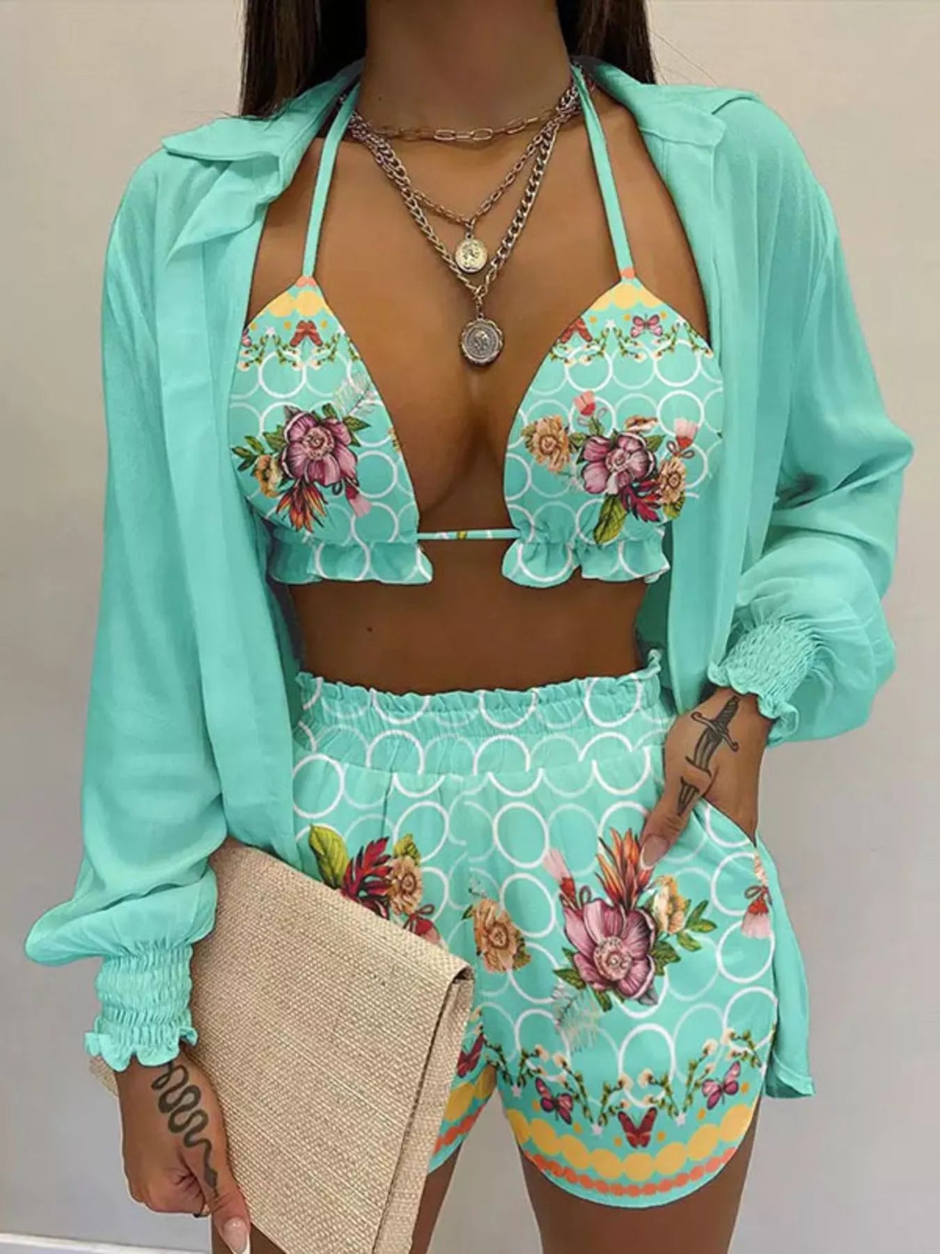 Full Size Halter Neck Cami & Shirt & Shorts 3-Piece Outfit Set Plus Size by Trendsi