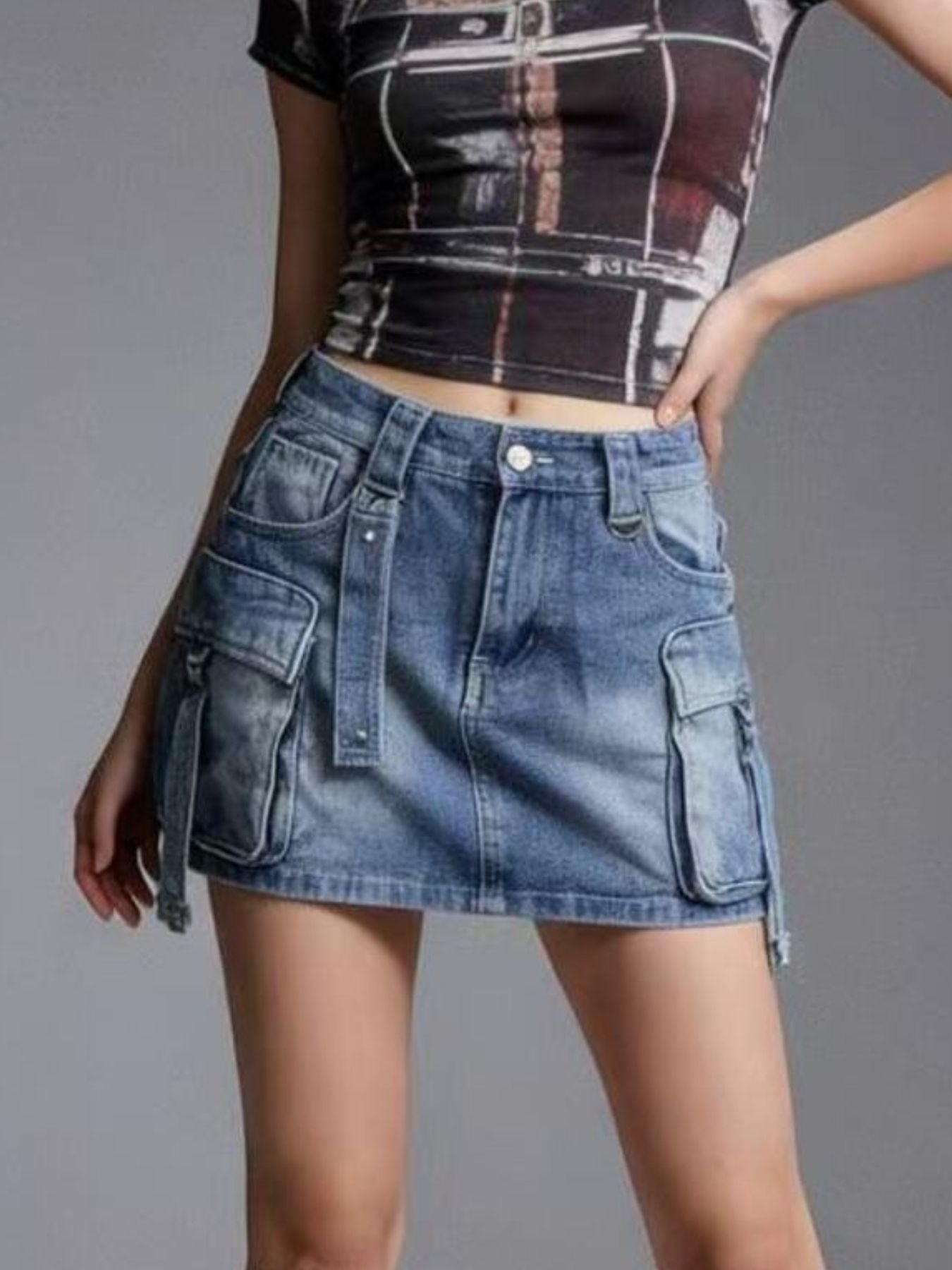 Washed Cargo Denim Skirt by Trendsi
