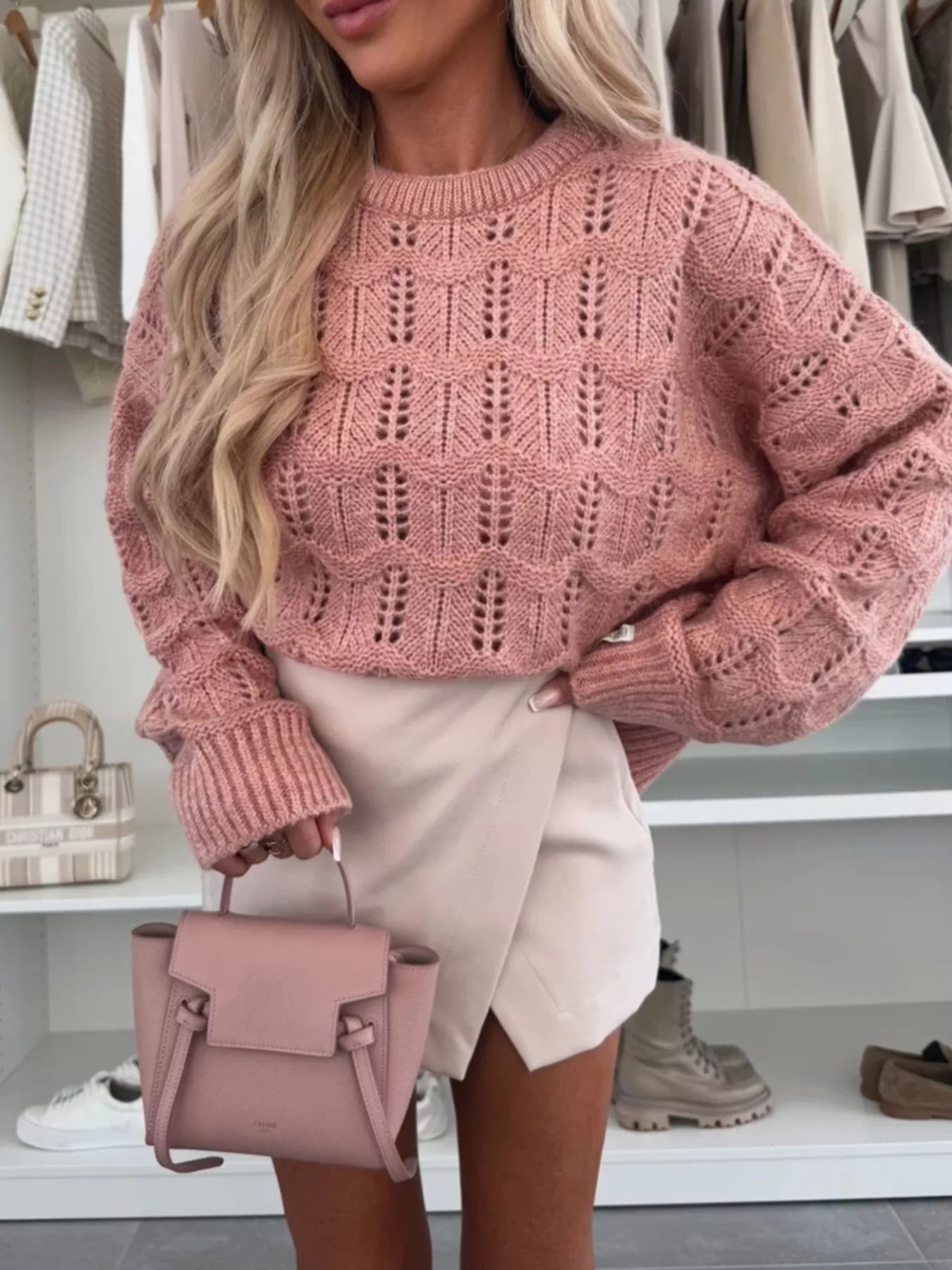 Openwork Round Neck Sweater by Trendsi