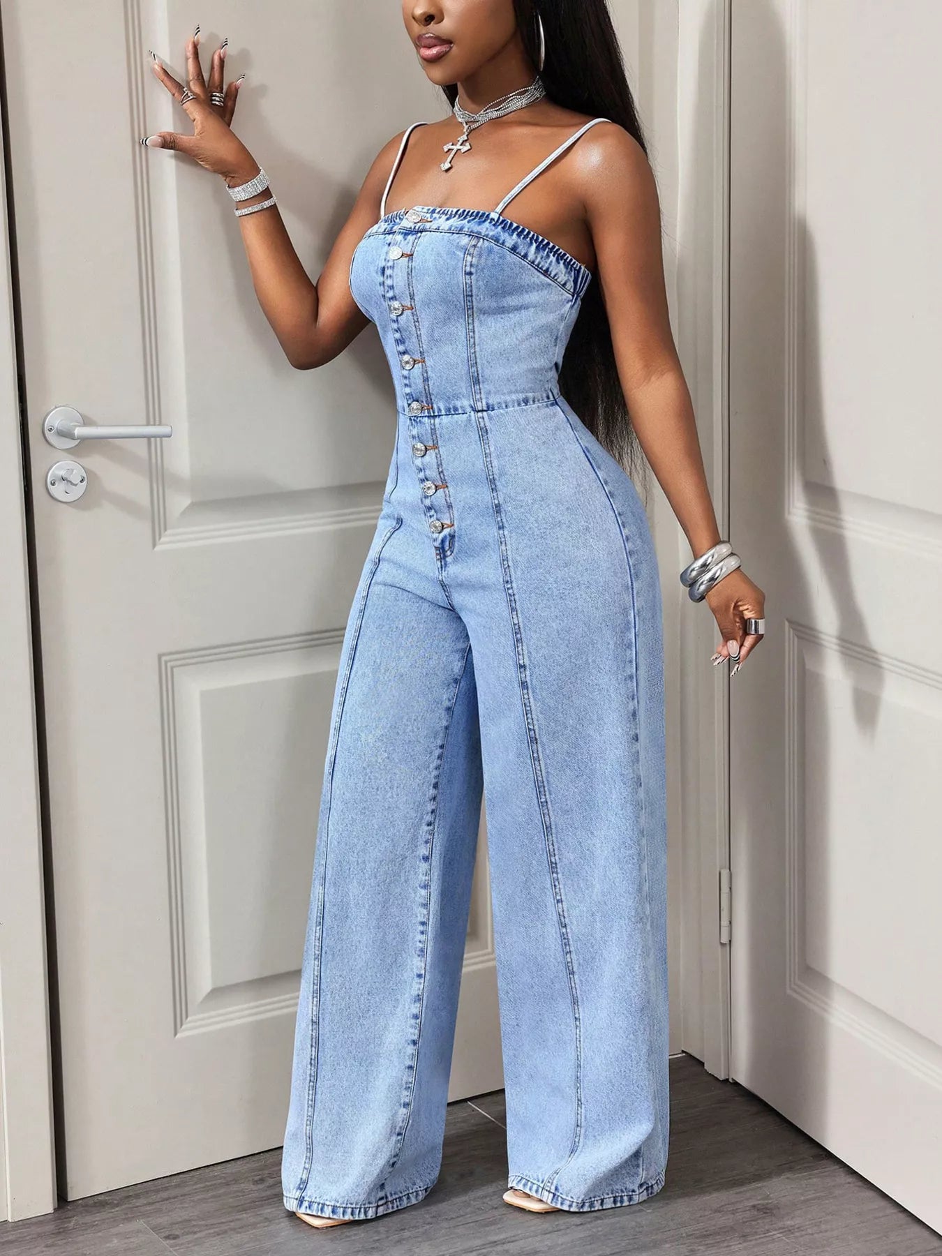 Button-Down Wide Leg Denim Jumpsuit by Trendsi