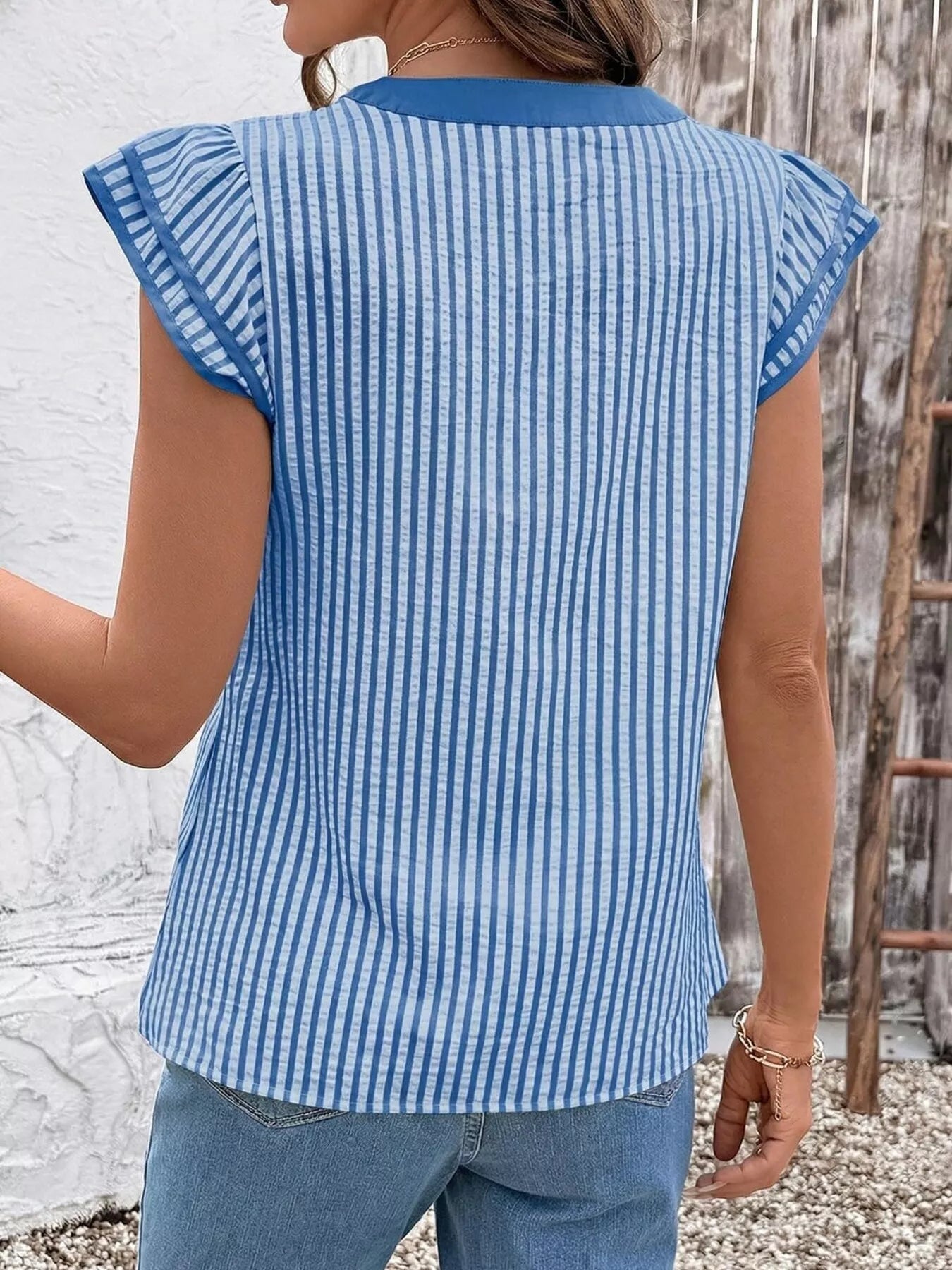 Striped Ruffle Sleeve Blouse by Trendsi