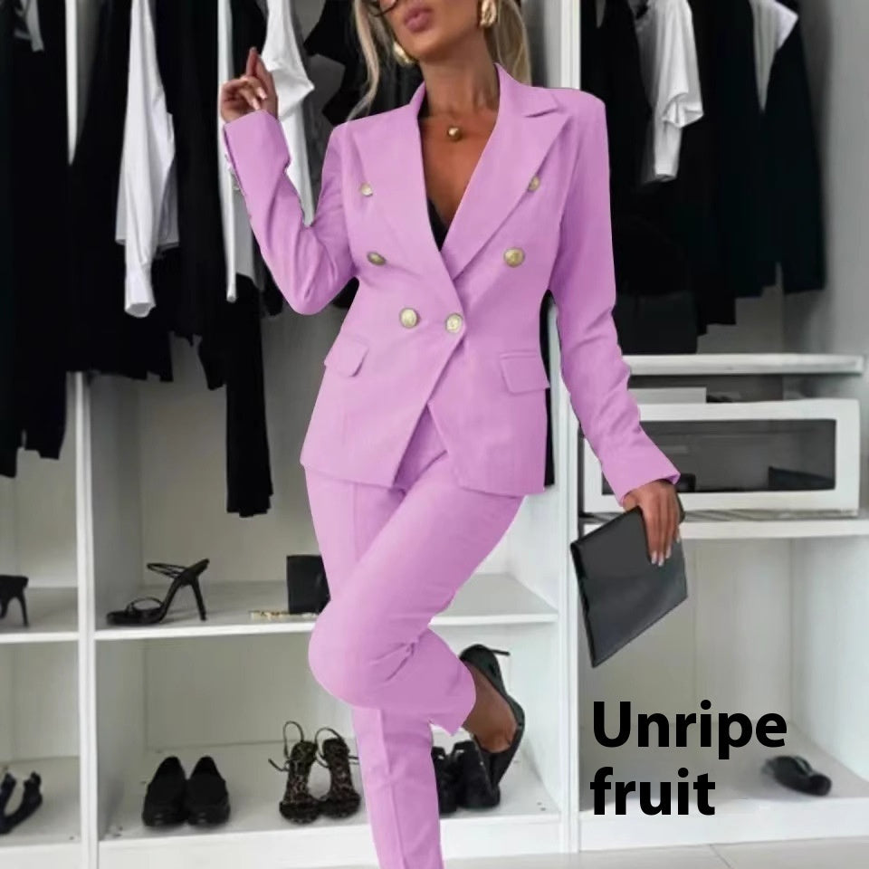 Casual Blazer Suit Slim Lapel Double-breasted Jacket And Zip-up Trousers Women's Clothing by Royal Closet
