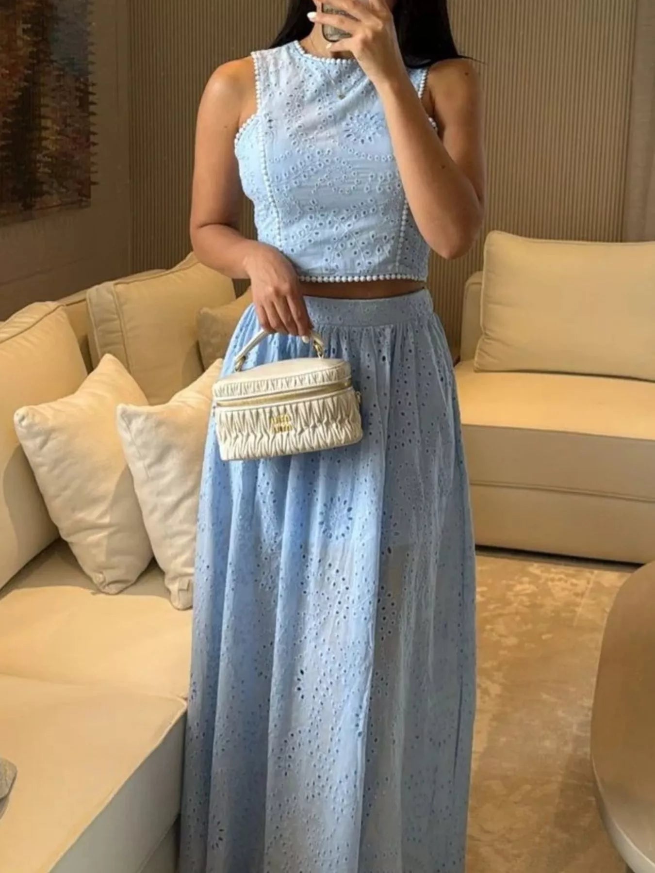 Eyelet Crop Top and Maxi Skirt Set by Trendsi