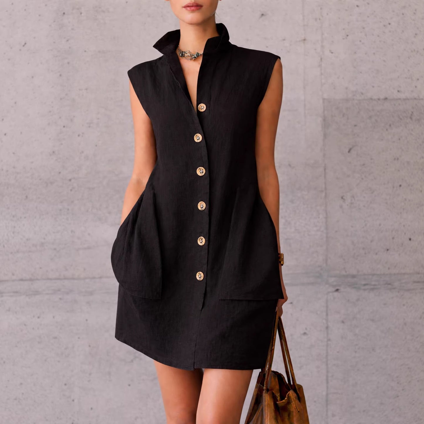 Womens Summer Slimming Sleeveless Stand-Collar Shirt Dress by Royal Closet
