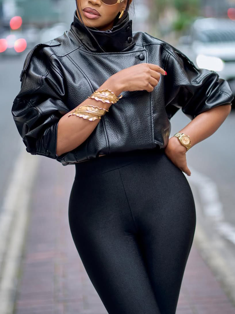 Black Lychee Grain Faux Leather Stand Collar Puff Sleeve Cropped Jacket by Royal Closet