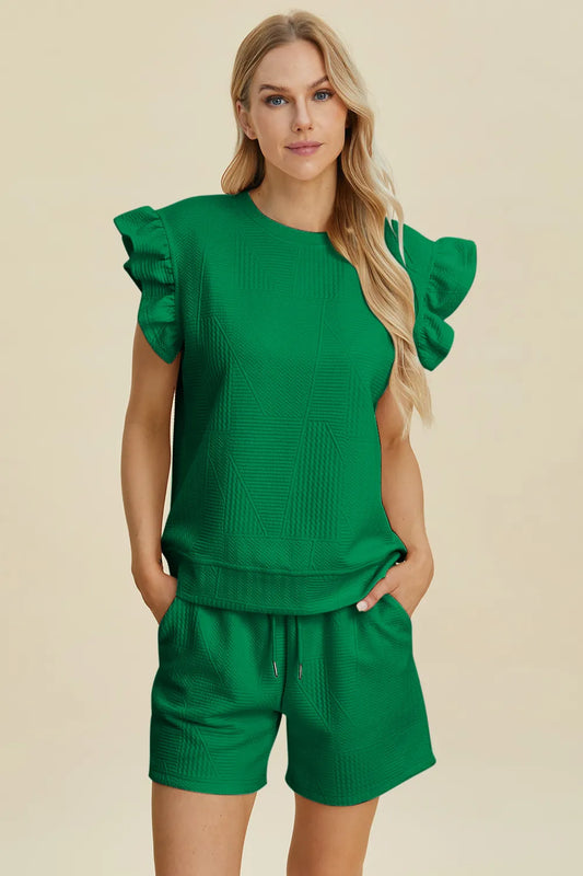 Double Take Full Size Texture Round Neck Ruffle Sleeve Top and Shorts Set by Trendsi