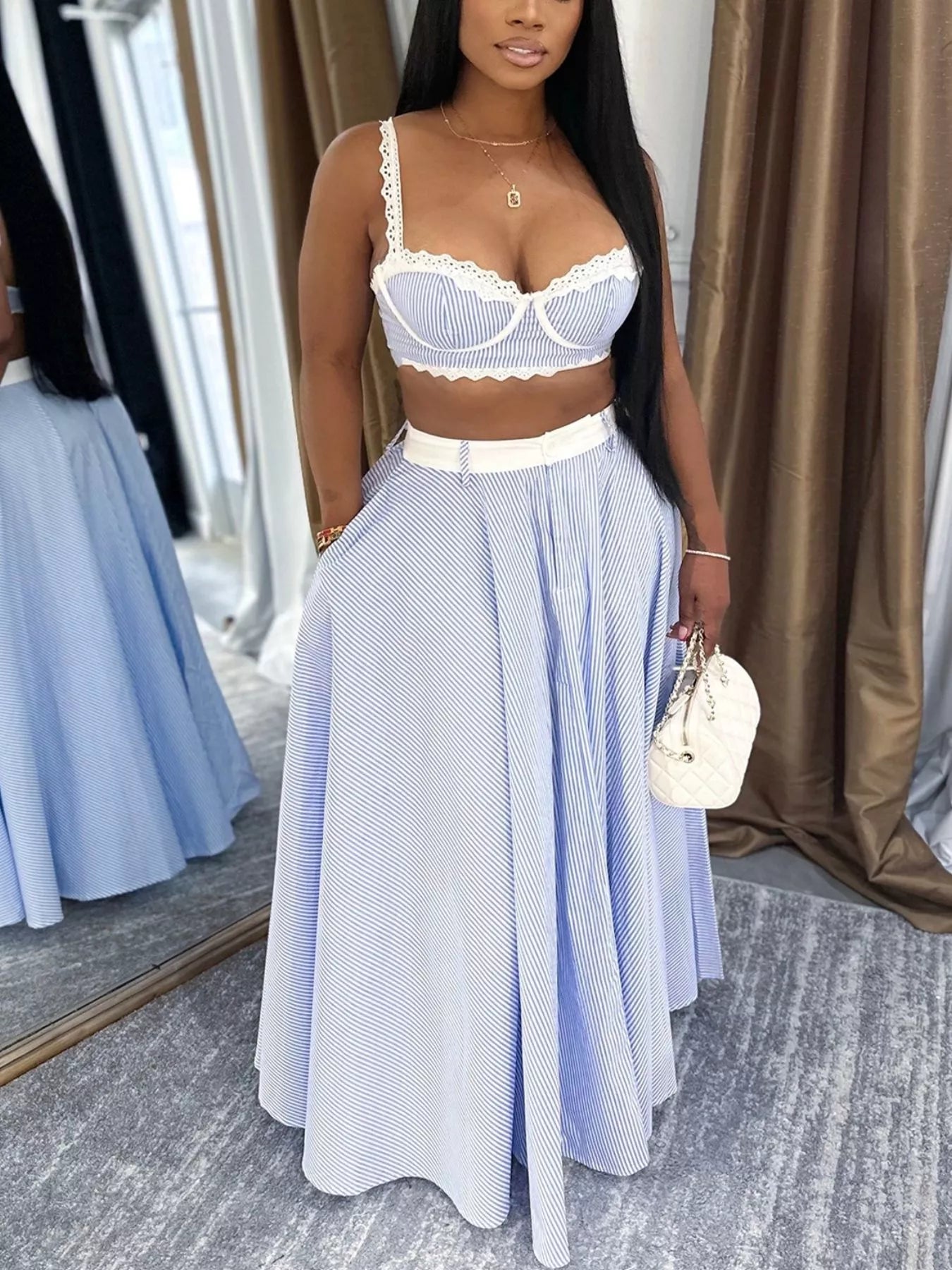 Striped Lace Trim Cami and Skirt Two-Piece Set by Trendsi