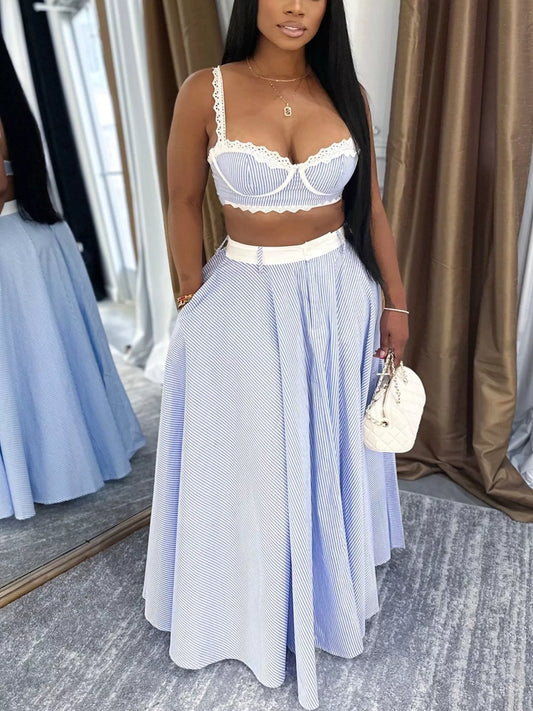 Striped Lace Trim Cami and Skirt Two-Piece Set by Trendsi