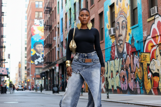 Woman wearing a black top and blue jeans with gold accessories in an urban setting