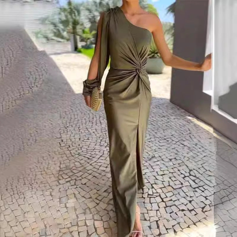 Women's Diagonal Shoulder Knot Split Solid Color Slim Fit Dress by Royal Closet