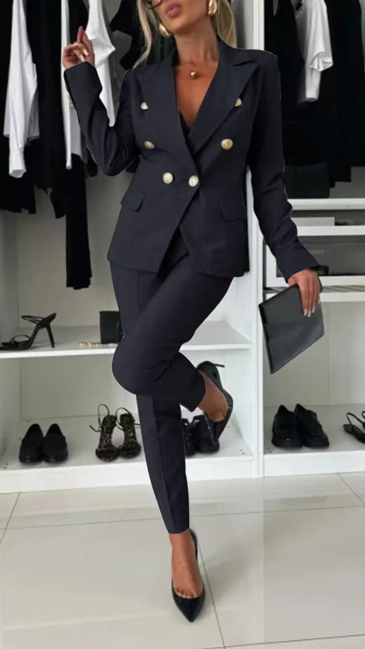 Casual Blazer Suit Slim Lapel Double-breasted Jacket And Zip-up Trousers Women's Clothing by Royal Closet