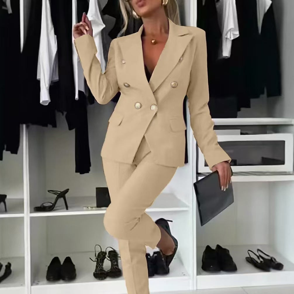 Casual Blazer Suit Slim Lapel Double-breasted Jacket And Zip-up Trousers Women's Clothing by Royal Closet