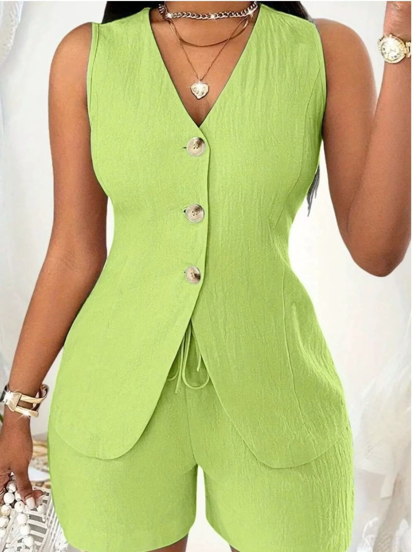 Sleeveless Button-Down Vest & Shorts Set by Trendsi