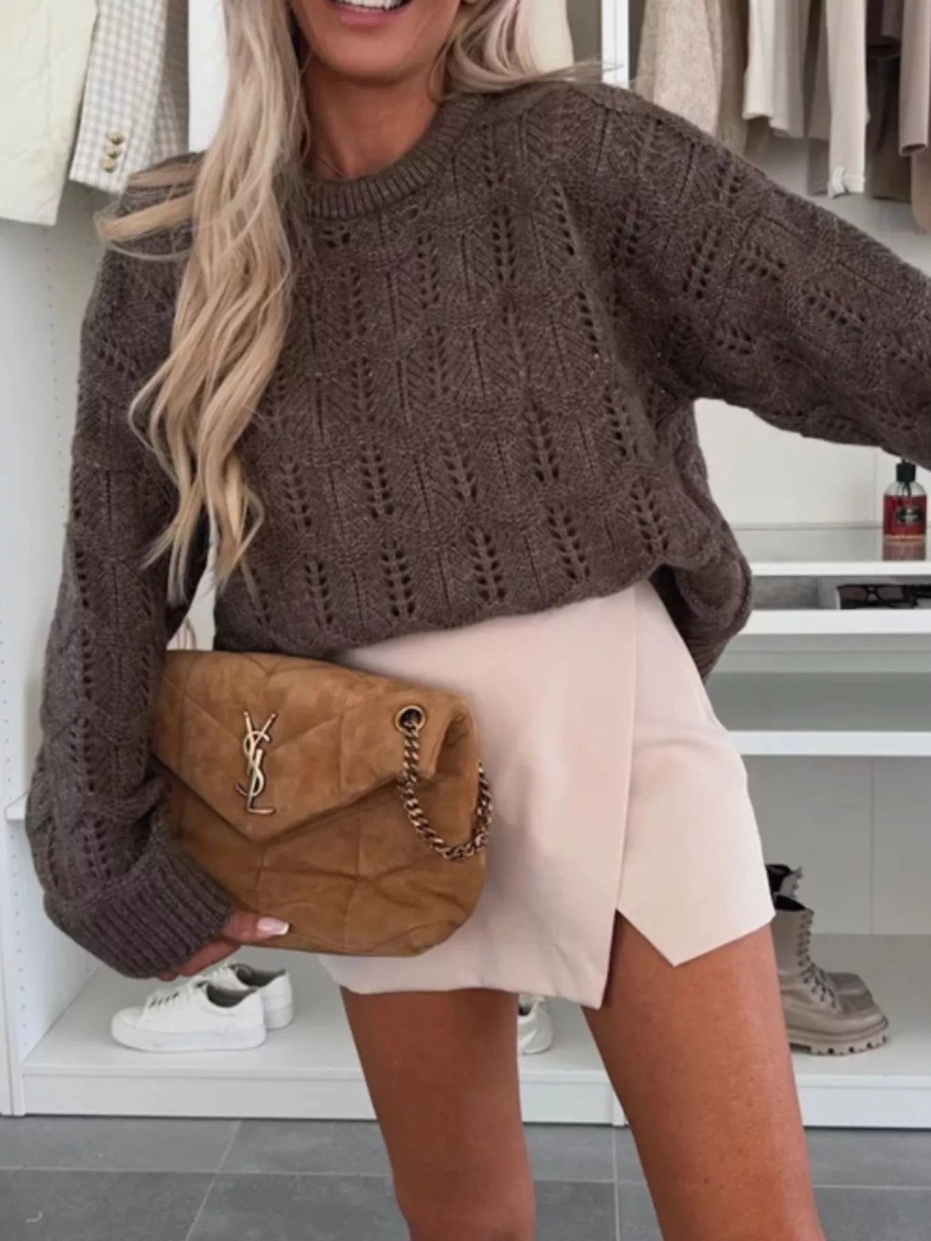 Openwork Round Neck Sweater by Trendsi