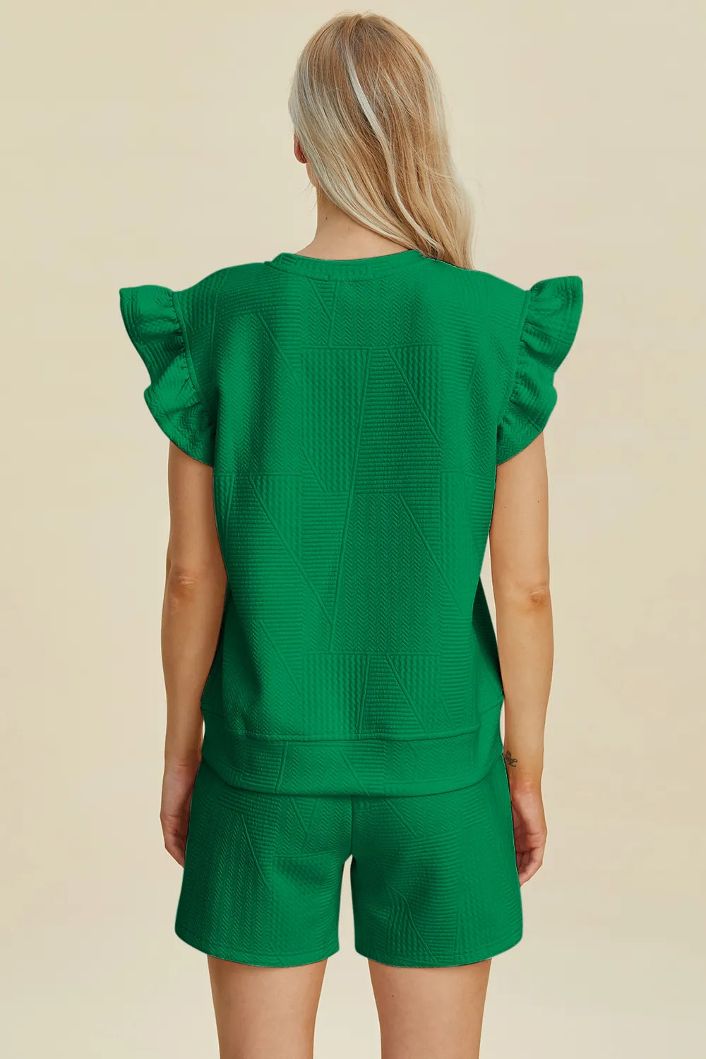Double Take Full Size Texture Round Neck Ruffle Sleeve Top and Shorts Set by Trendsi