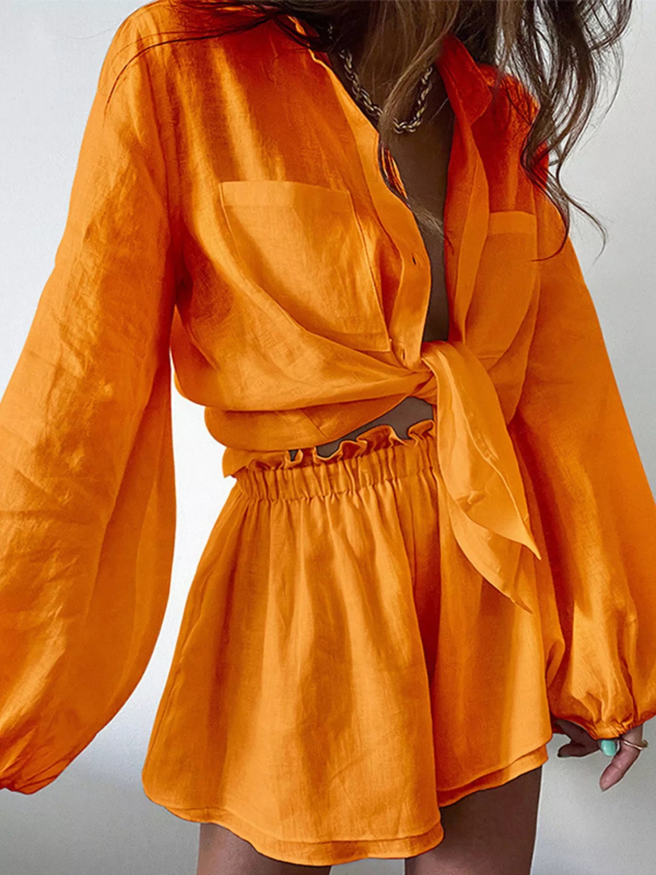 Button Up Long Sleeve Shirt and Shorts Set by Trendsi