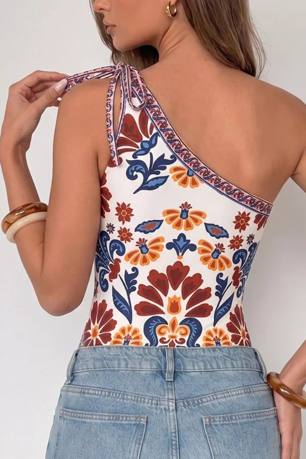 Floral Print One-Shoulder Tie Bodysuit by Trendsi
