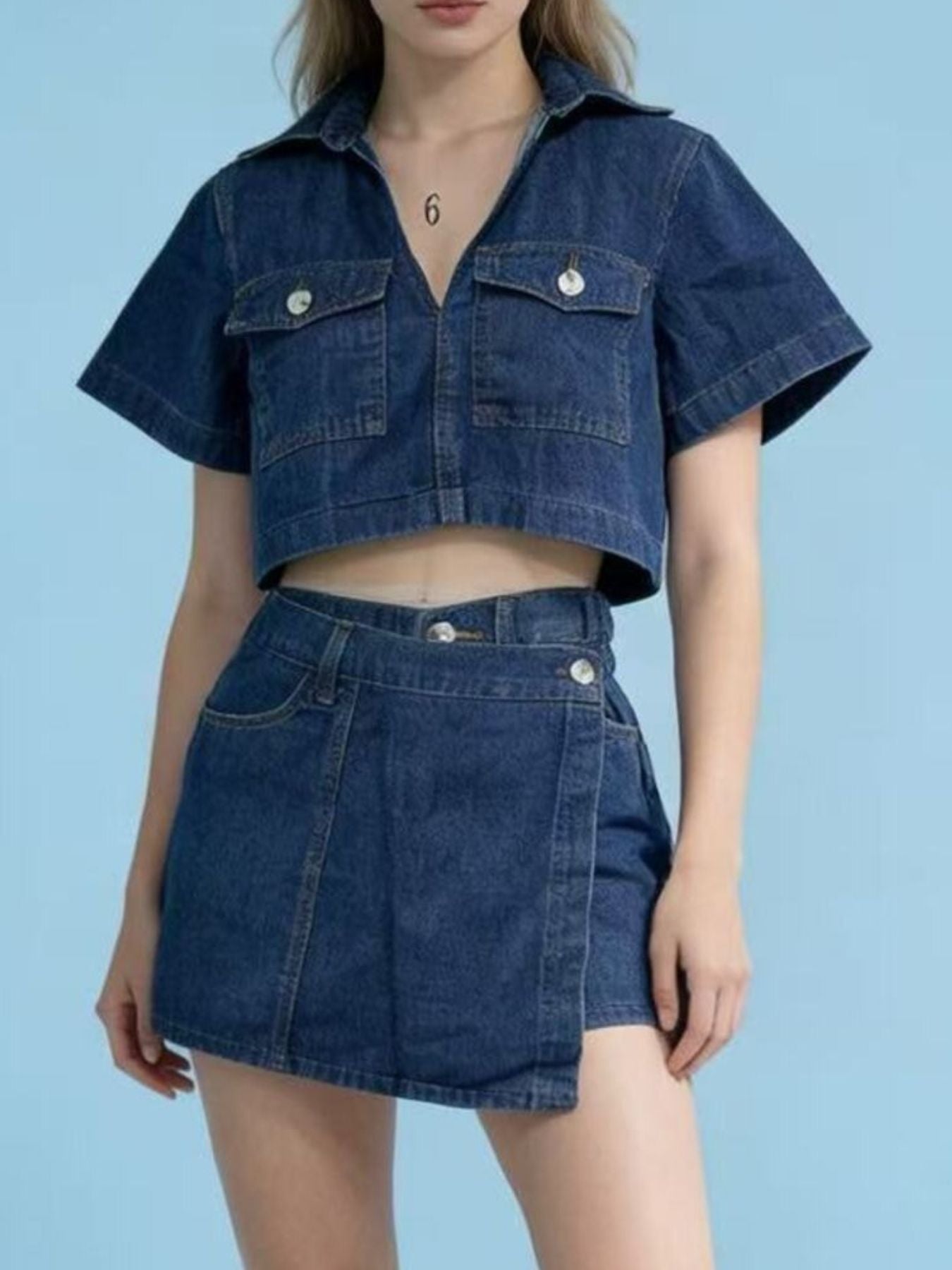 Womens Short Sleeve Cropped Top and Skort Denim Set by Trendsi