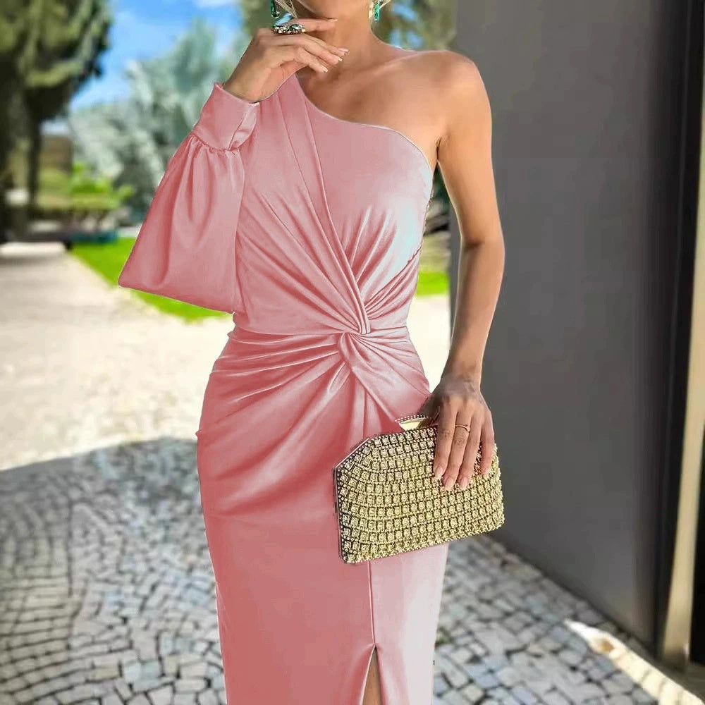 Women's Diagonal Shoulder Knot Split Solid Color Slim Fit Dress by Royal Closet
