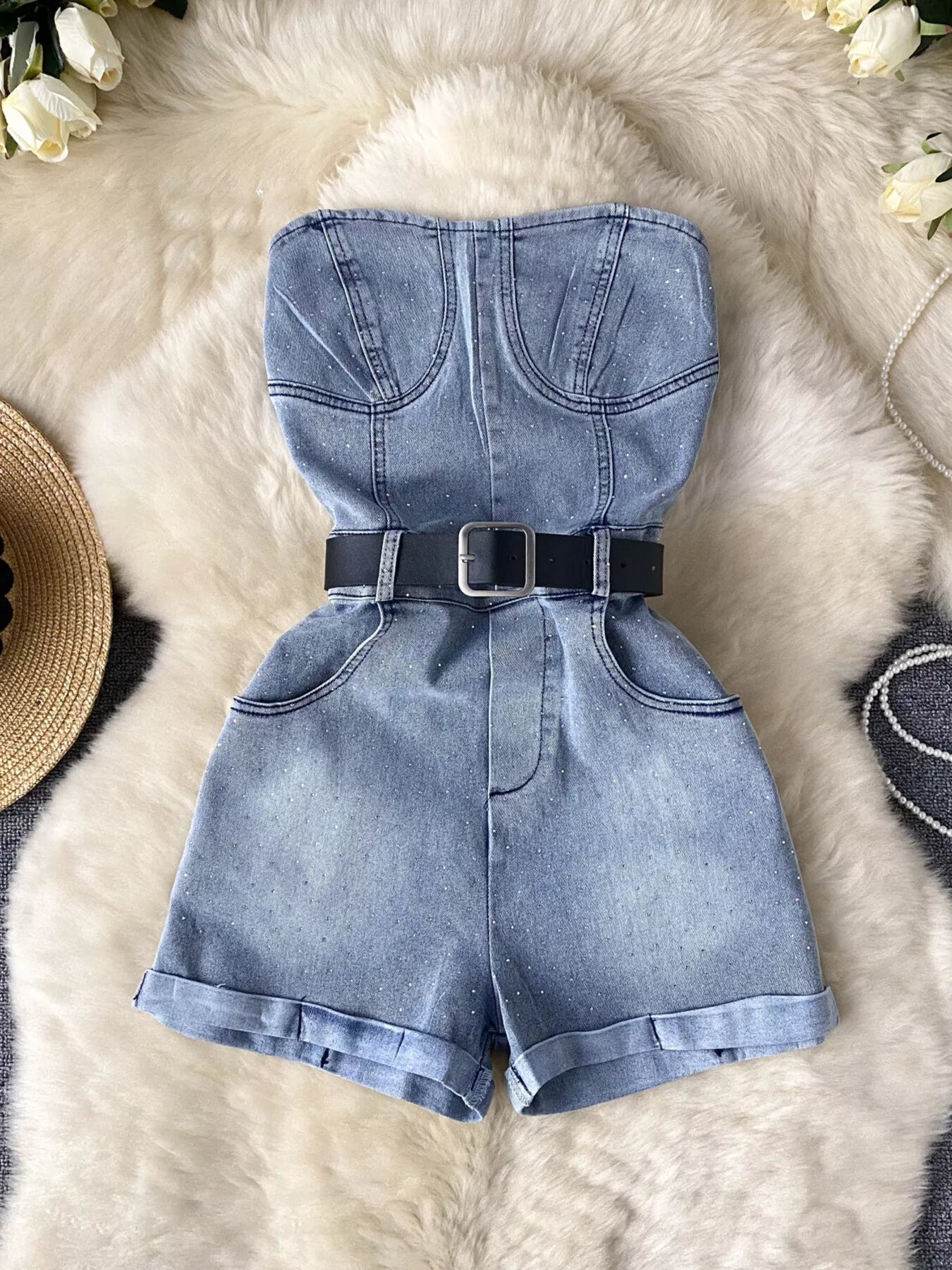Strapless Denim Romper with Pockets by Trendsi