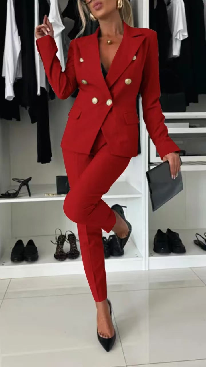 Casual Blazer Suit Slim Lapel Double-breasted Jacket And Zip-up Trousers Women's Clothing by Royal Closet