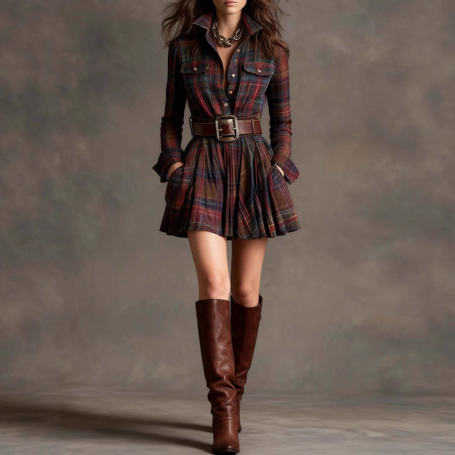 European And American Elegant Plaid Long Sleeve Short Dress Belt by Royal Closet