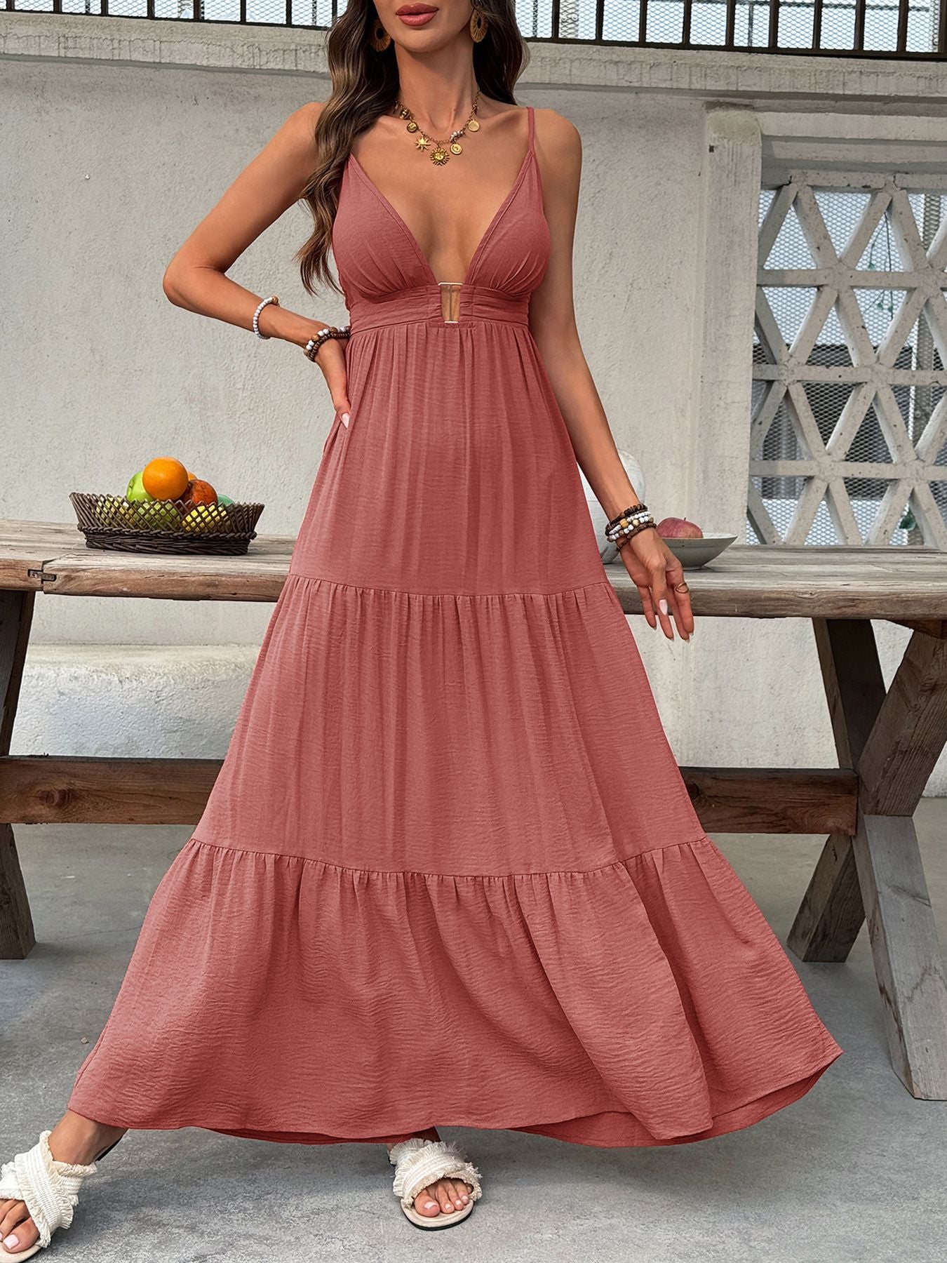 Deep V-Neck Tiered Maxi Dress by Trendsi