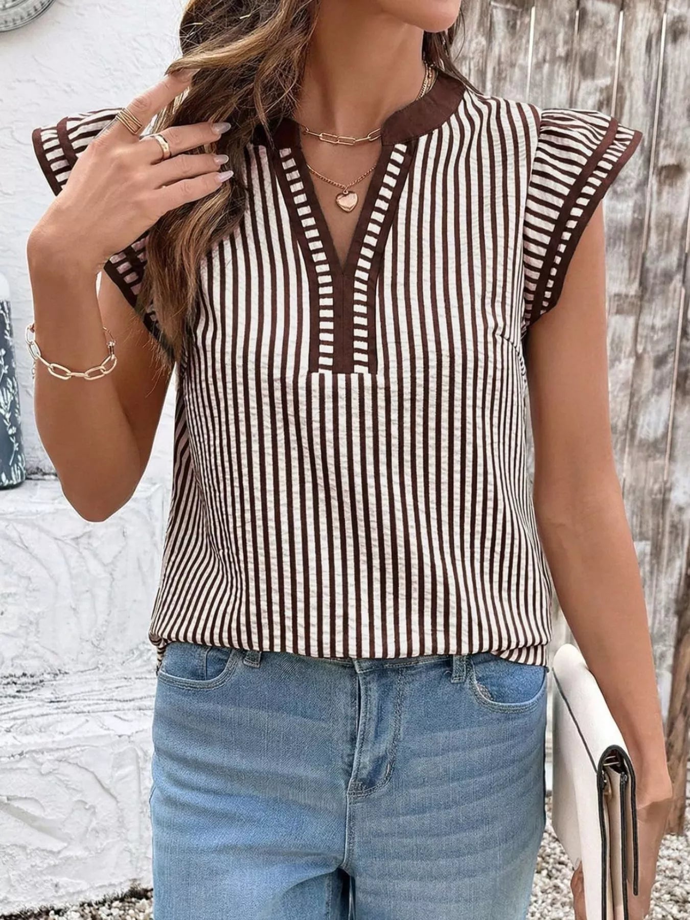 Striped Ruffle Sleeve Blouse by Trendsi