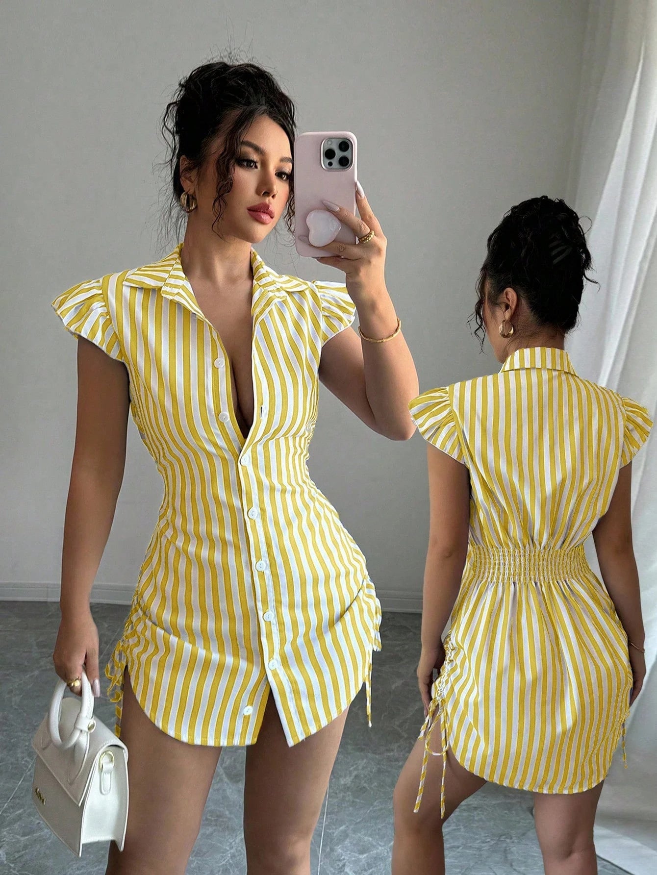 Striped Shirt-collar Casual Waist-cinched Chic Dress by Royal Closet