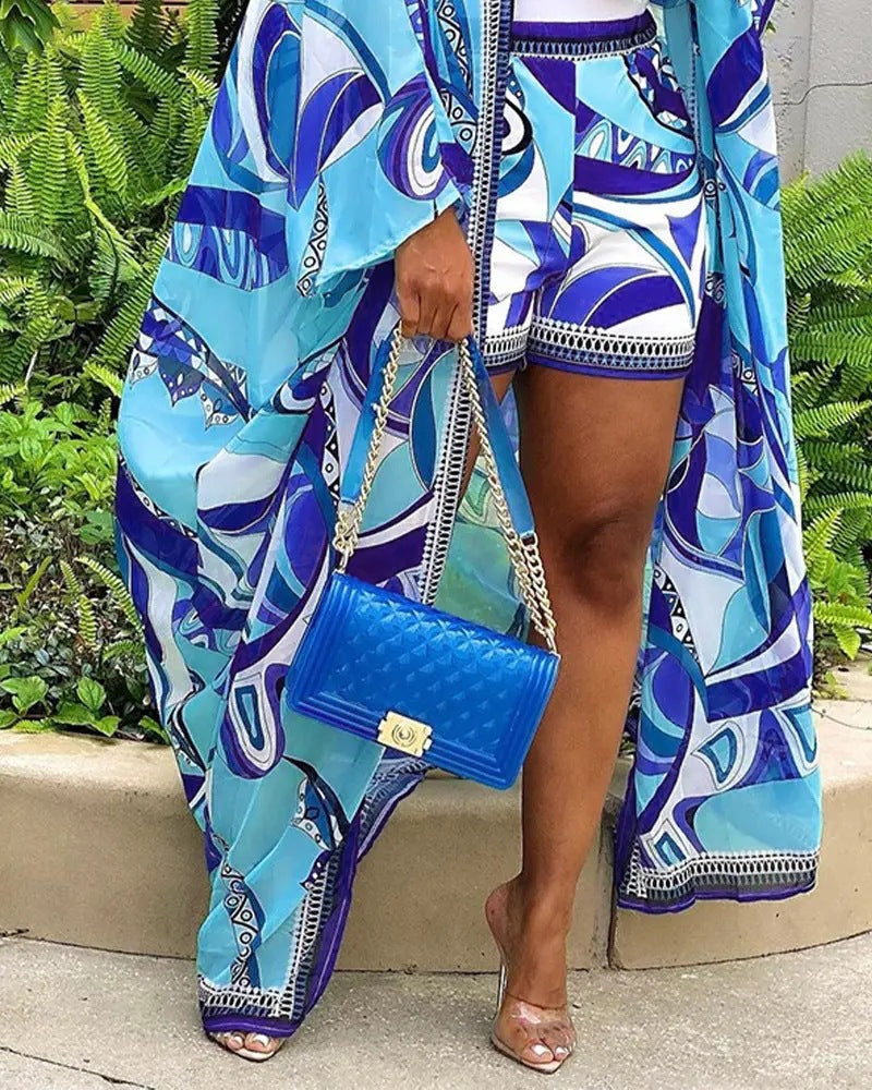 Printed Temperament Cardigan And Shorts Suit For Women by Royal Closet