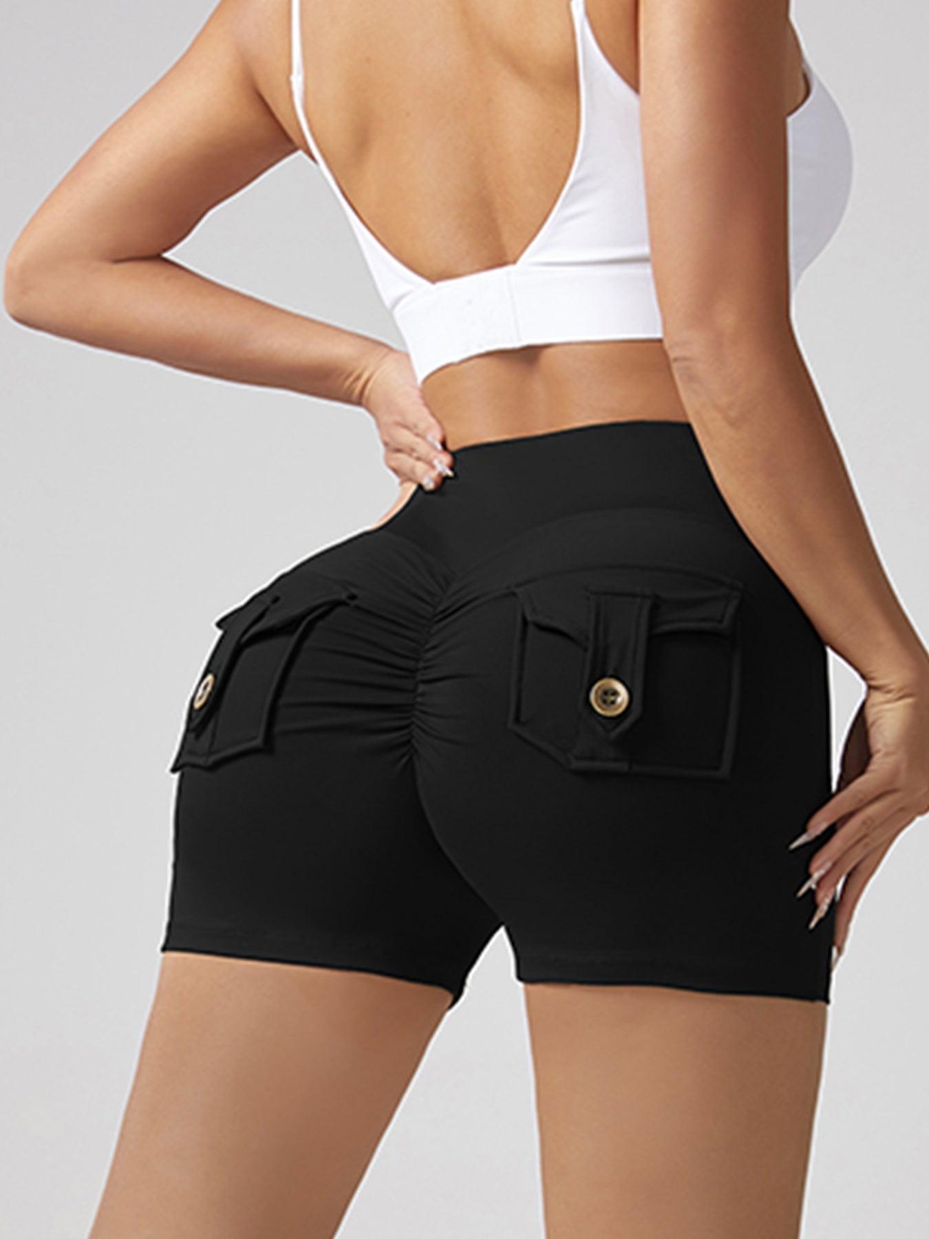 V-waist Stretch Yoga Workwear, Pocket Button Tight Pants, Women's Peach Hip Running And Fitness Shorts by Royal Closet