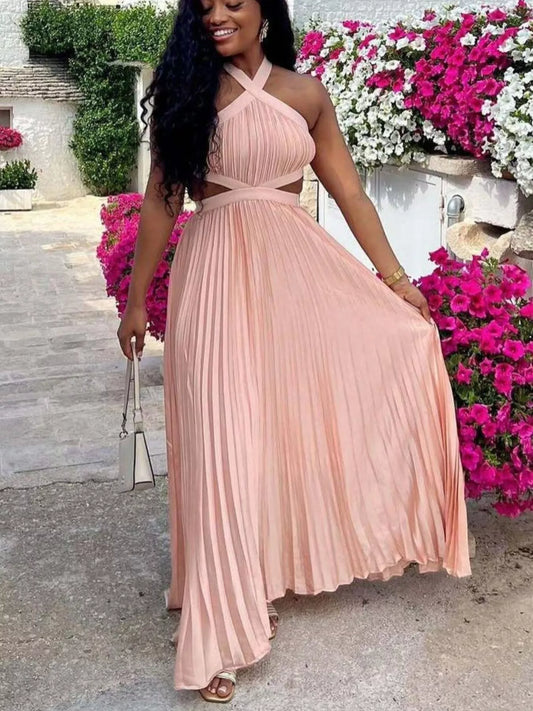 Halter Neck Pleated Maxi Dress by Trendsi
