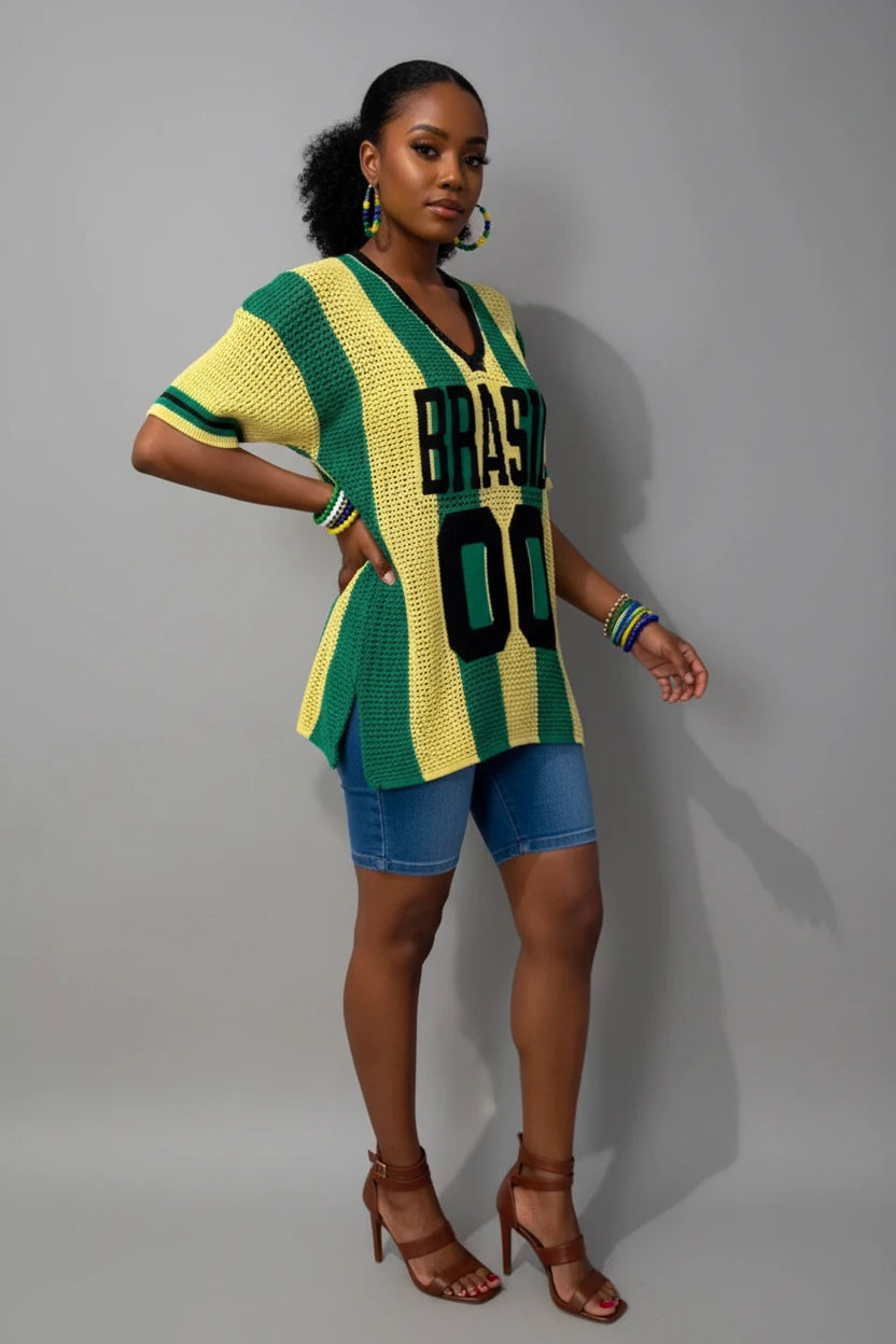 Letter Color Block V-Neck Sweater by Trendsi