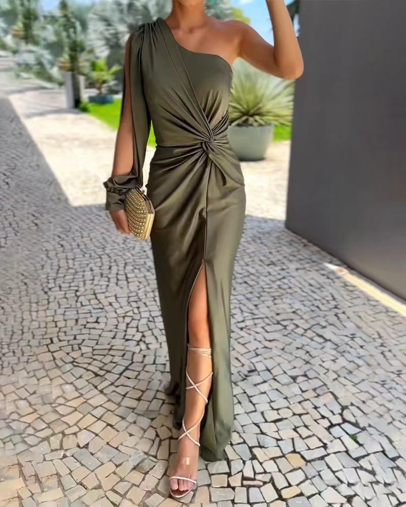 Women's Diagonal Shoulder Knot Split Solid Color Slim Fit Dress by Royal Closet