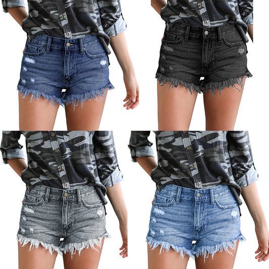 Womens Ripped Stretch Denim High-Waist Shorts by Royal Closet