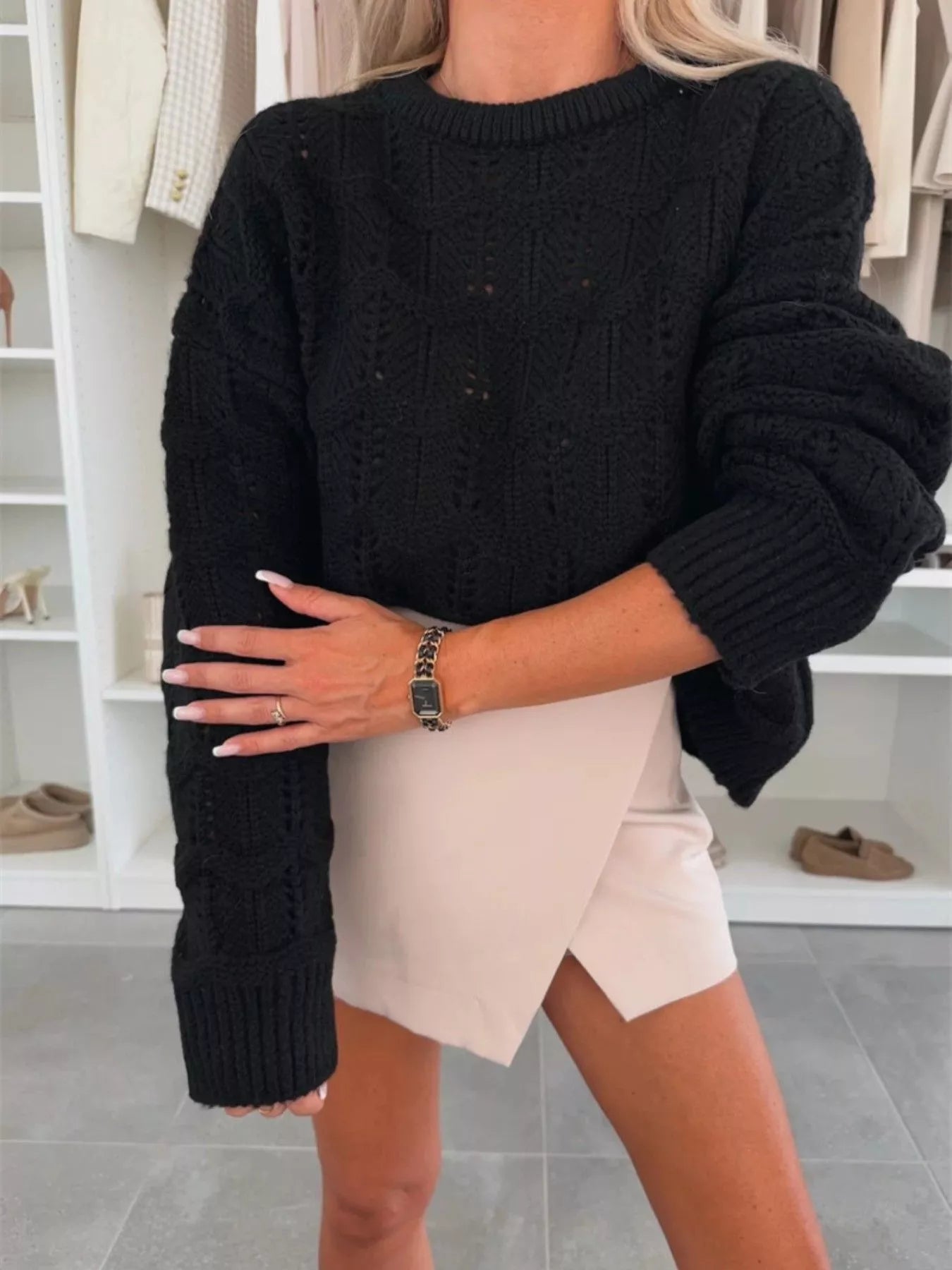 Openwork Round Neck Sweater by Trendsi