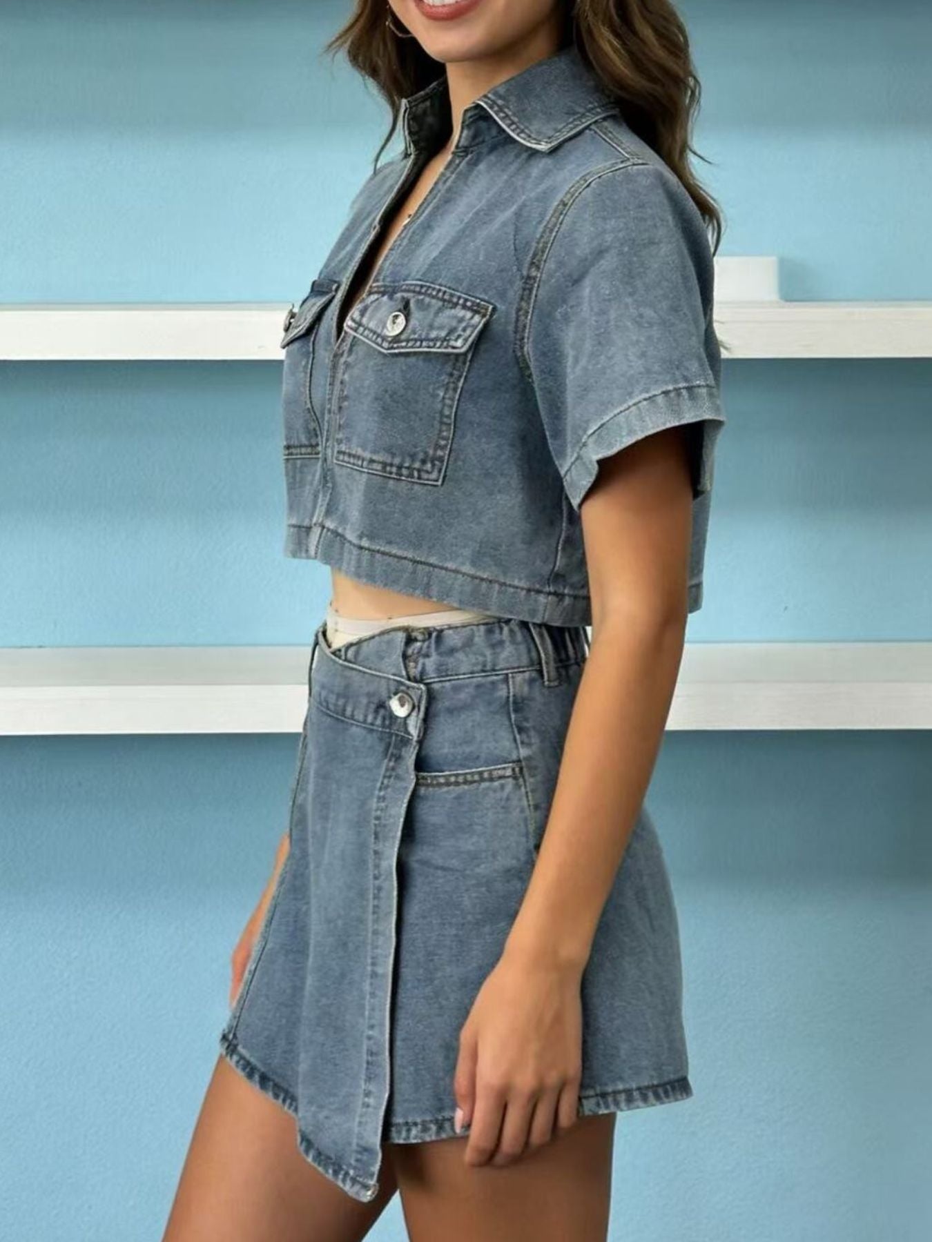 Womens Short Sleeve Cropped Top and Skort Denim Set by Trendsi